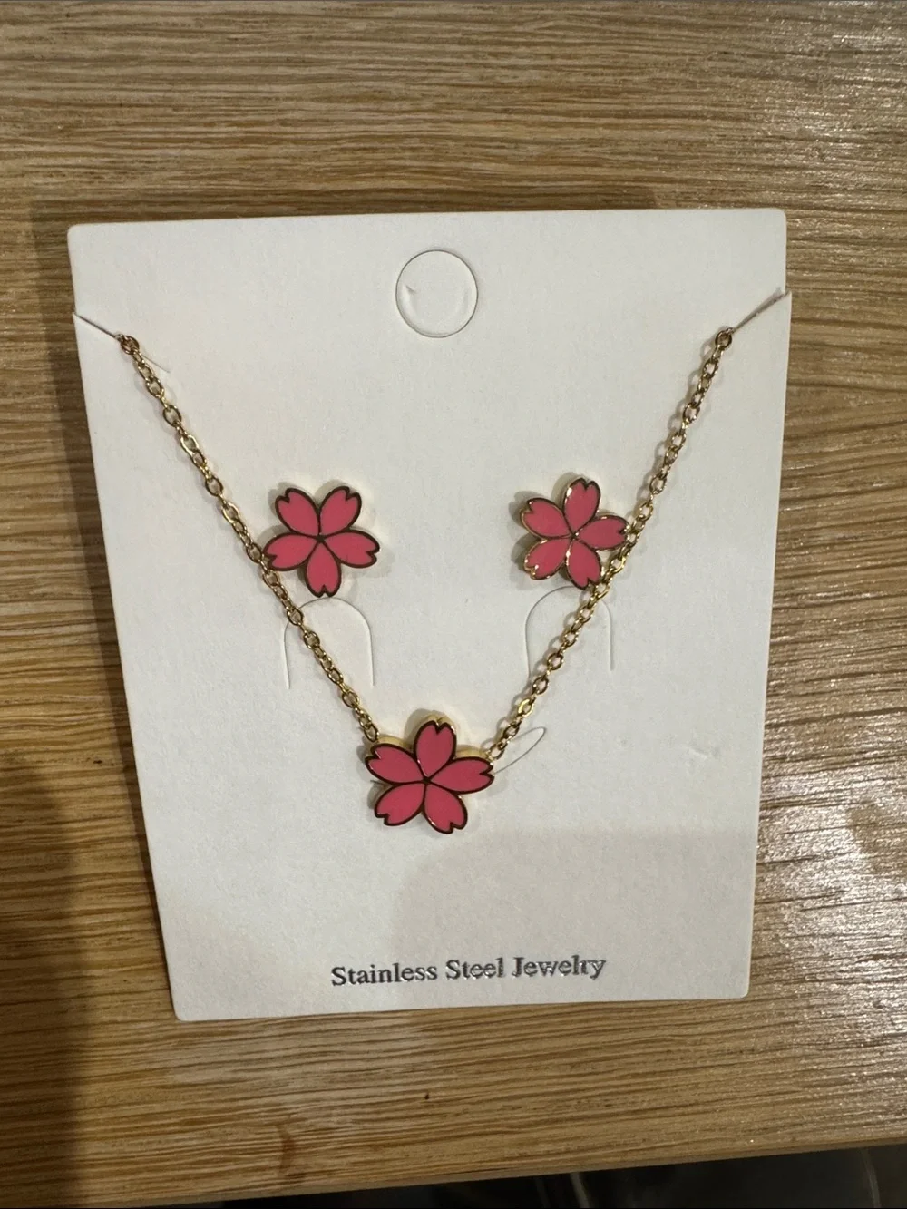 Pink Flower Stainless Steel Necklace & Earring Set